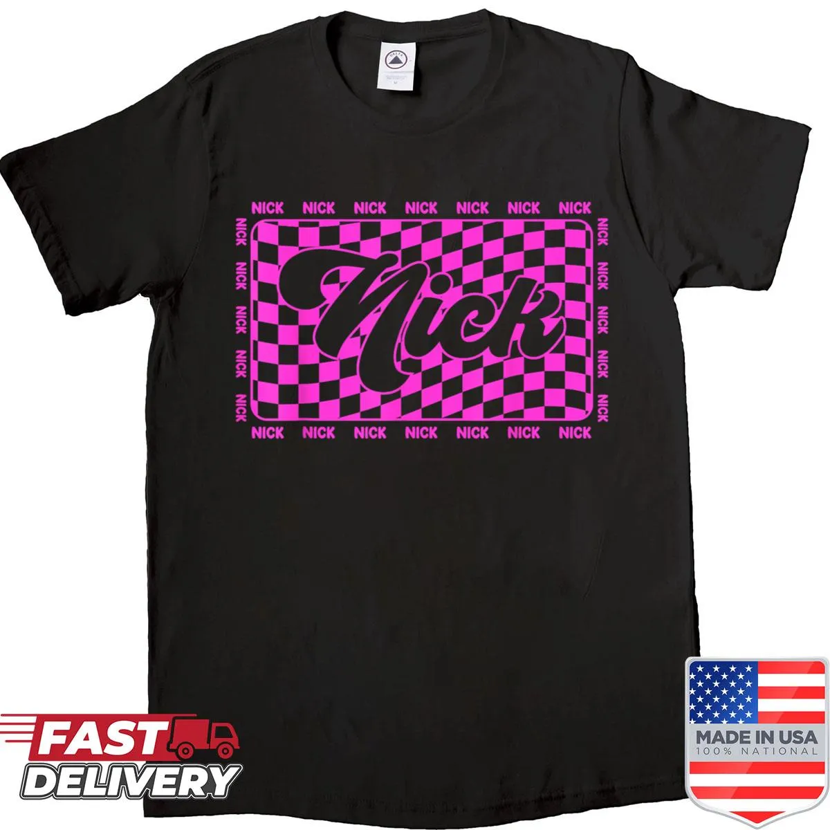 Playful checkered design with 'I Love Nick' text