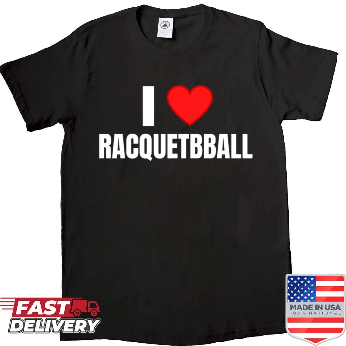 Text design saying 'I Love Racquetball' on a shirt.