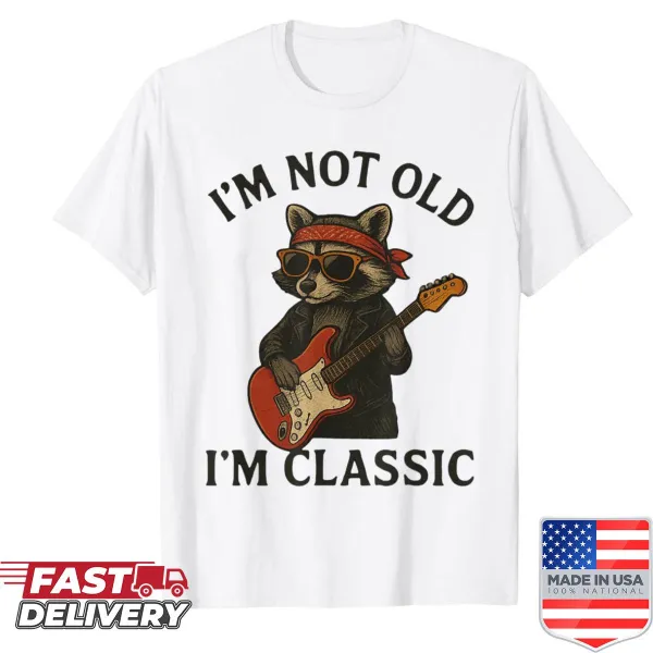 Funny shirt with a raccoon playing guitar and humorous text about aging