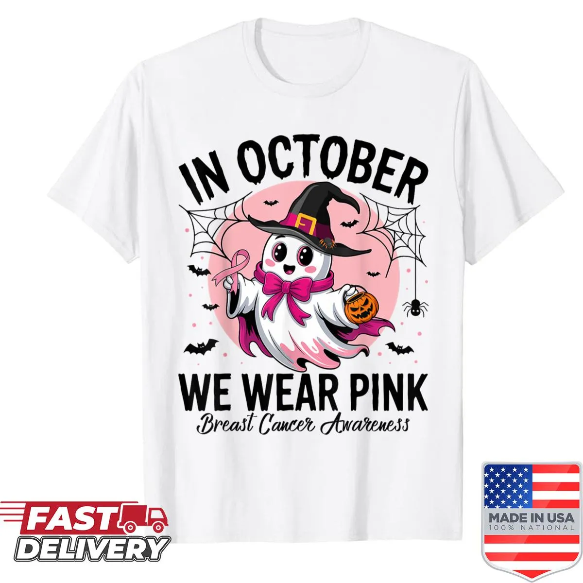 Illustrative shirt featuring pink ghost witch