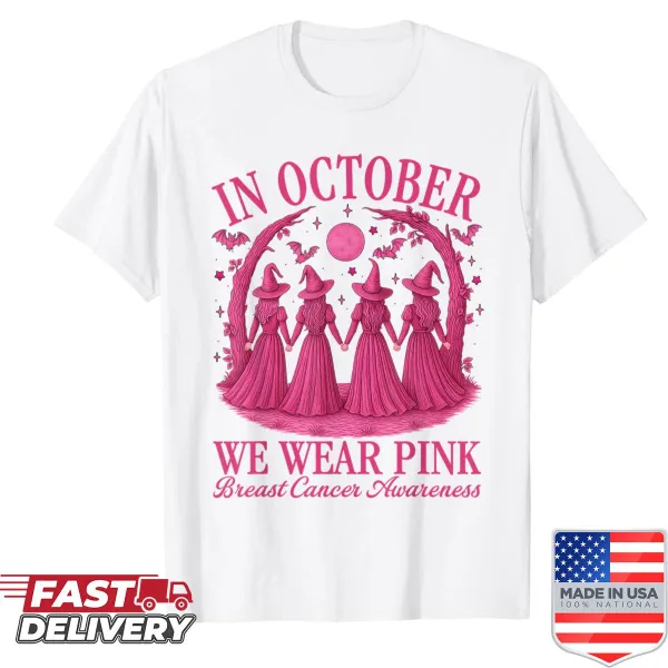 Halloween-themed shirt with witch and 'In October We Wear Pink' for awareness.