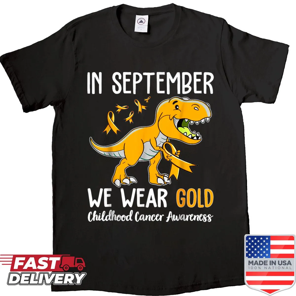 Childhood cancer awareness shirt with a gold ribbon graphic