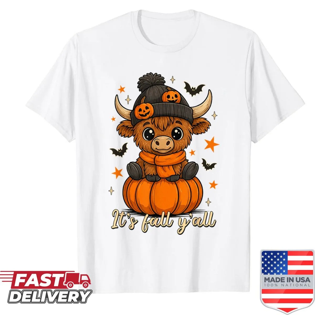 Highland cow and pumpkins illustrated on a fall-themed shirt.