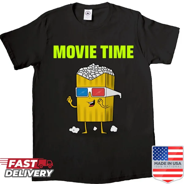 Playful typography T-shirt saying 'Its Movie Time' for film lovers
