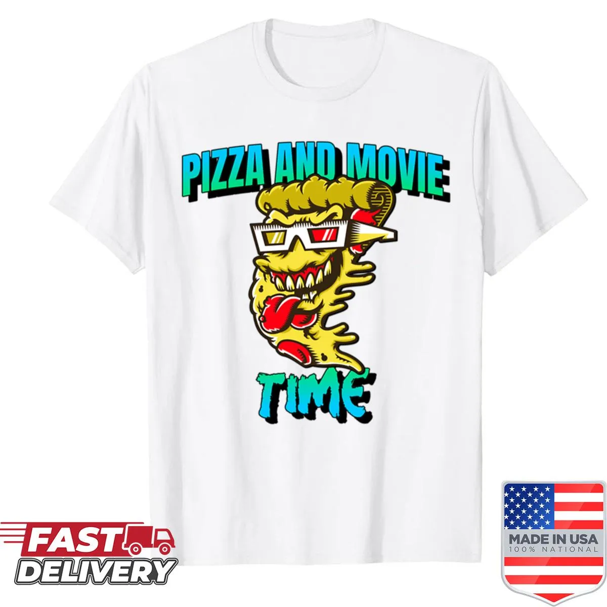 Playful shirt with 'It's Pizza And Movie Time' text
