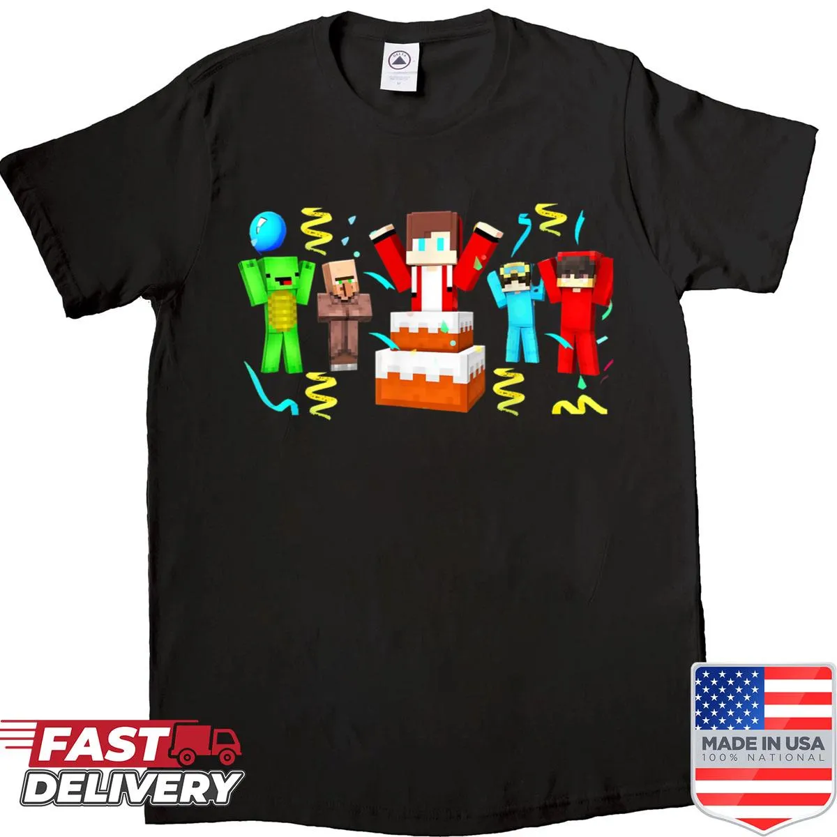 Happy Birthday shirt featuring characters Jj and Mikey in playful design.