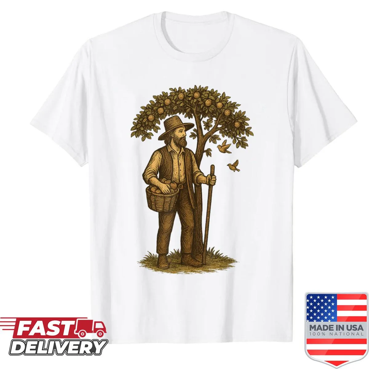 Vintage style shirt depicting Johnny Appleseed with apples