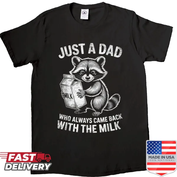 Illustrated raccoon shirt with humorous dad slogan about milk