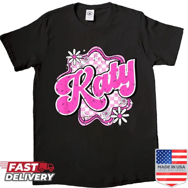 Retro 80s themed shirt with checkered flowers and text