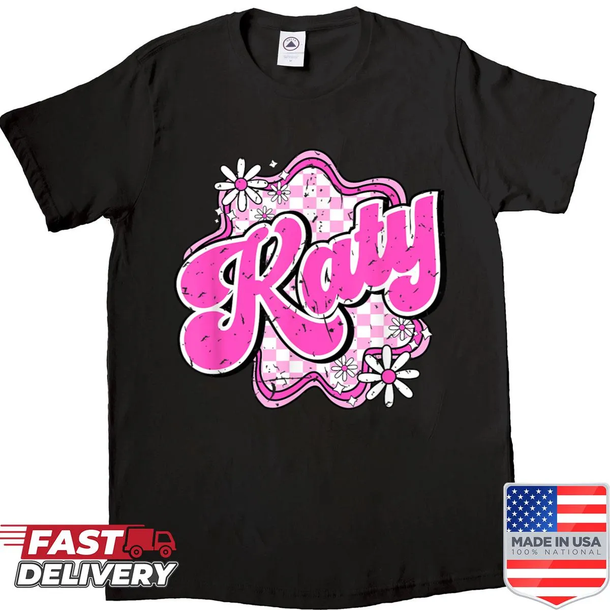 Retro 80s themed shirt with checkered flowers and text