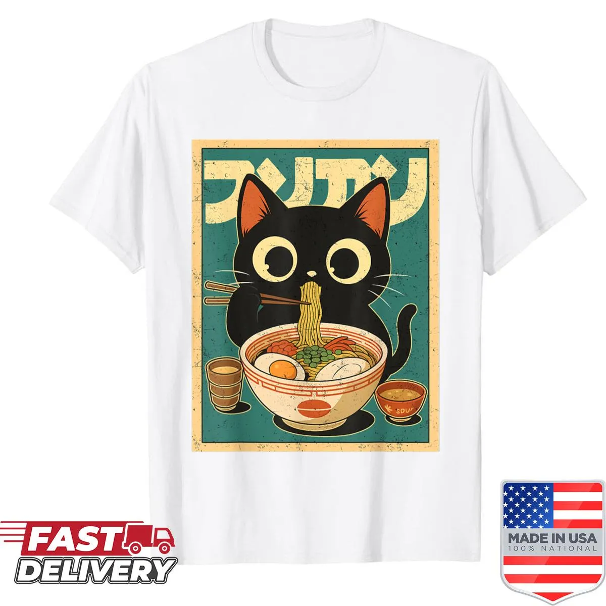 Adorable kawaii shirt featuring a cat eating ramen
