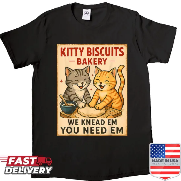 Funny cat-themed shirt featuring 'Kitty Biscuits Bakery'