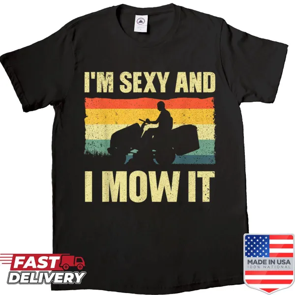 Novelty shirt featuring a cartoon lawn mower design