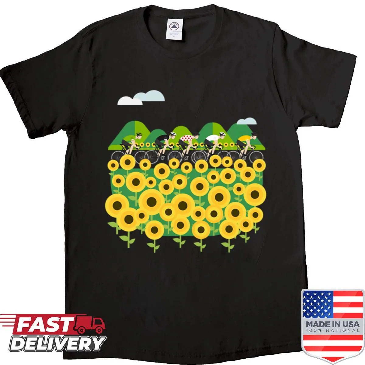 Illustrative cycling-themed shirt celebrating travel and adventure