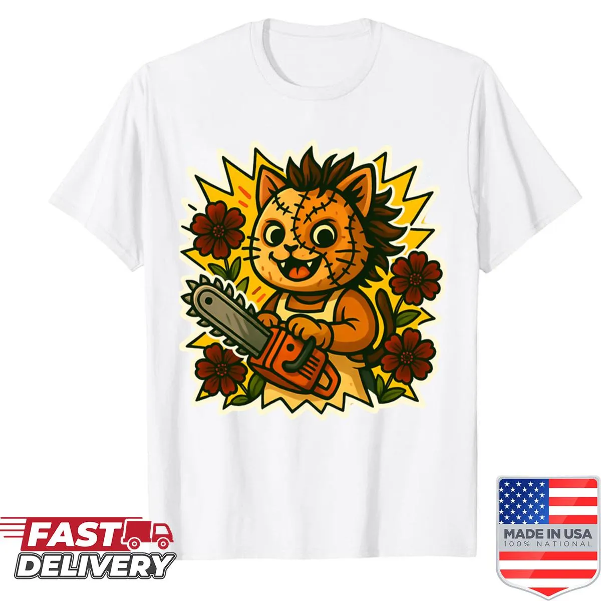 Illustrated shirt featuring a cat in a Leatherface mask