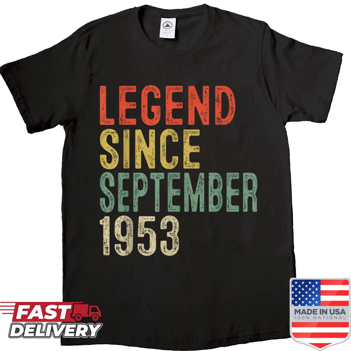 T-shirt celebrating a 72nd birthday with the phrase 'Legend Since September 1953'