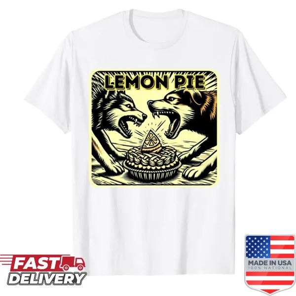 Illustrated shirt featuring playful dogs fighting over a lemon pie