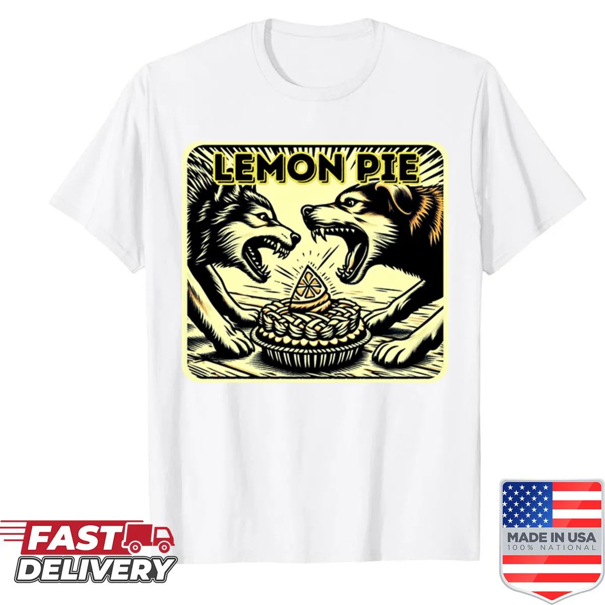 Illustrated shirt featuring playful dogs fighting over a lemon pie