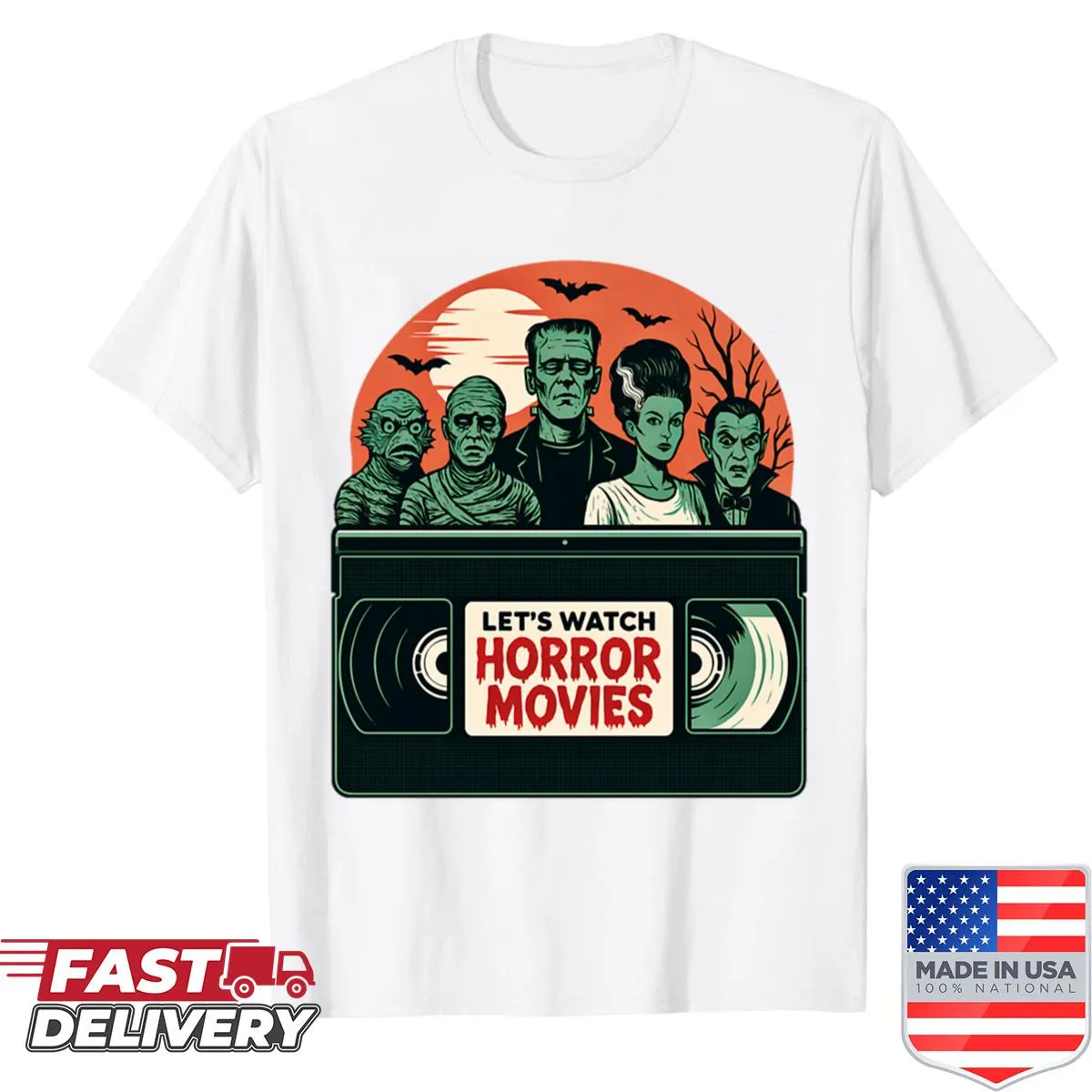 Typography shirt with the phrase Lets Watch Horror Movies