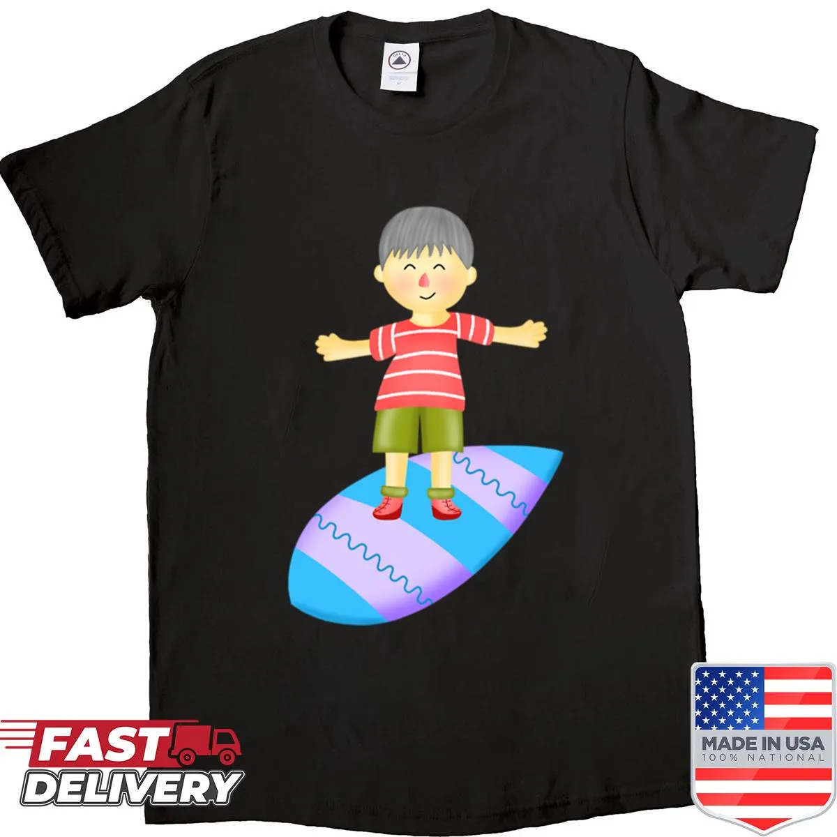 Illustration of a little boy surfing on a surfboard