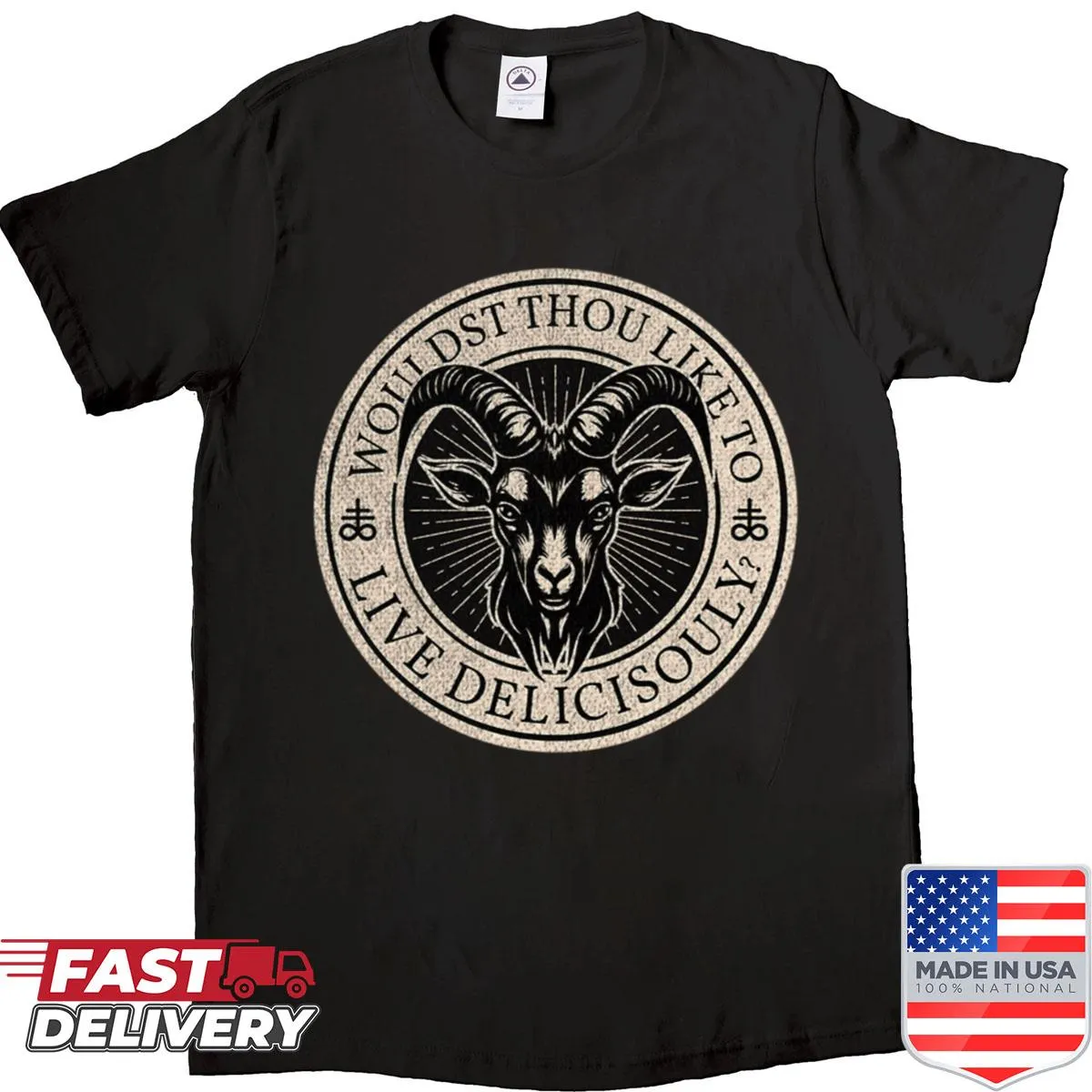 Whimsical shirt with a goat and leviathan design