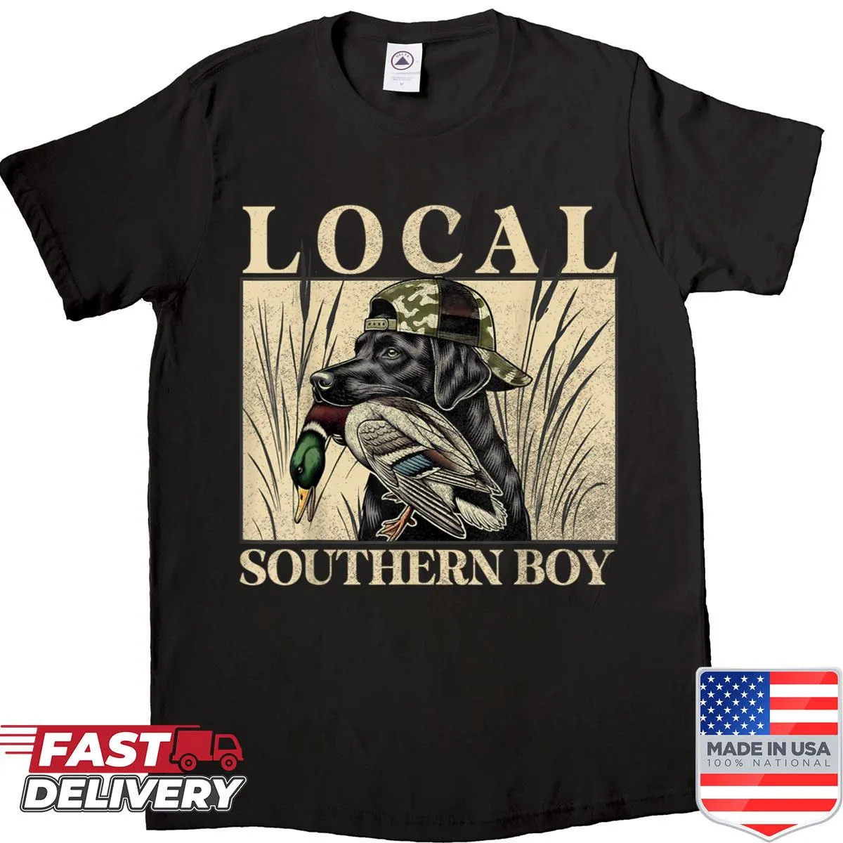 Vintage shirt featuring a Black Lab and hunting theme for outdoor lovers.