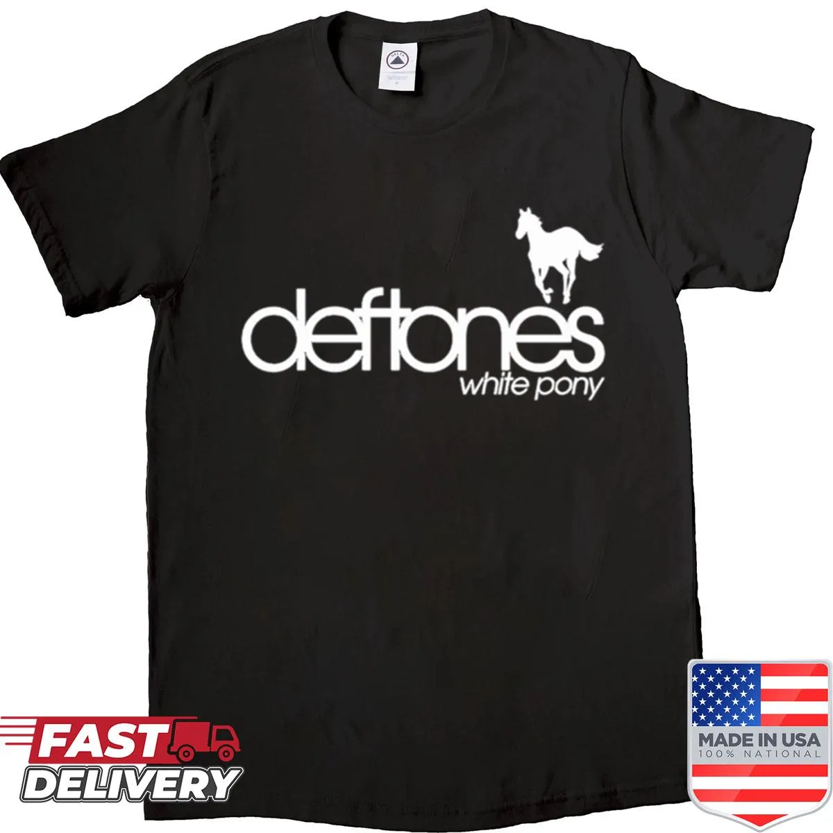 Minimalist shirt featuring a stylized white pony logo