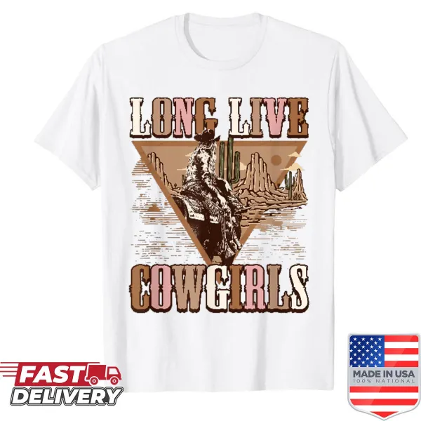 Illustrated shirt celebrating rodeo cowgirls with 'Long Live Howdy' text