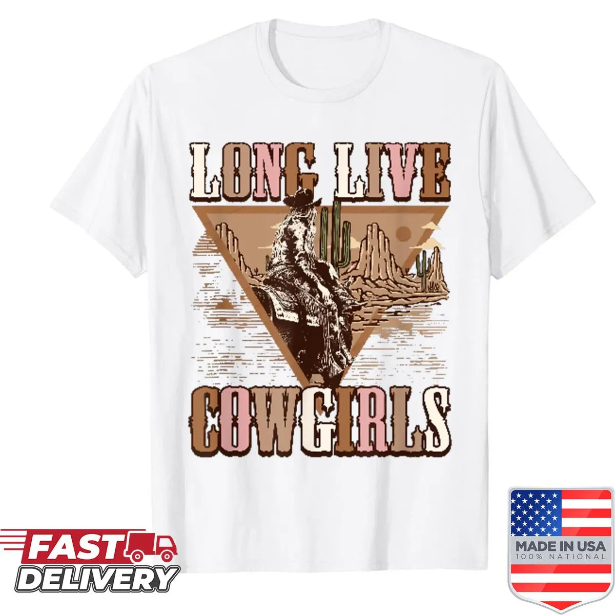 Illustrated shirt celebrating rodeo cowgirls with 'Long Live Howdy' text