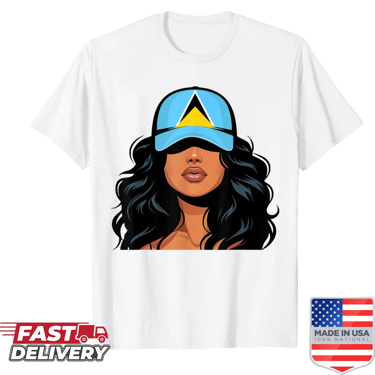 Proud women's T-shirt featuring the Saint Lucia flag.
