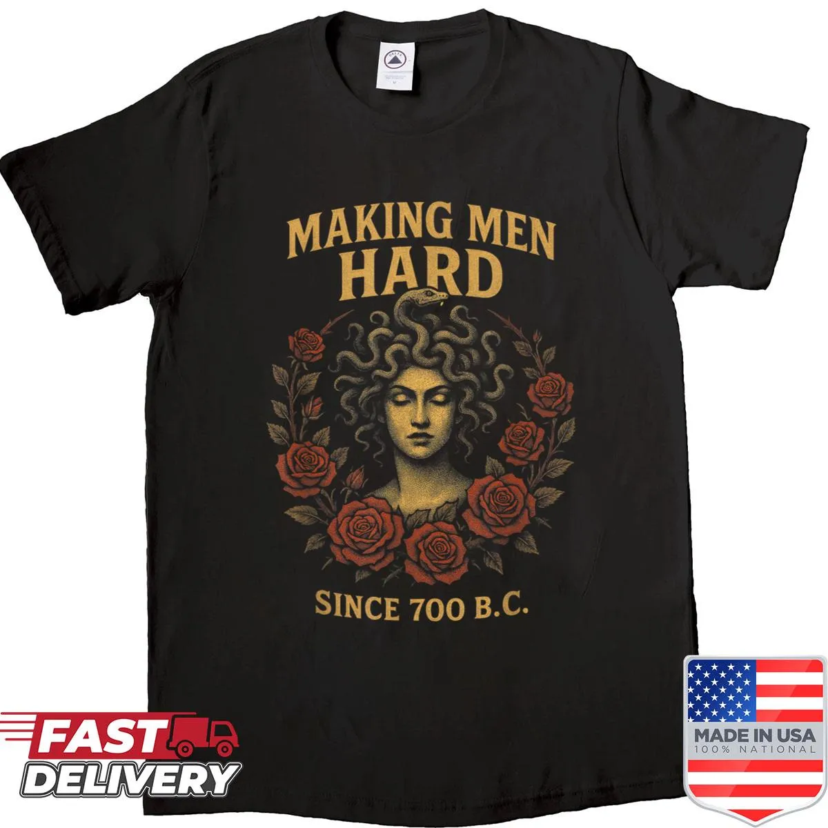 Illustrative shirt featuring Medusa from mythology.