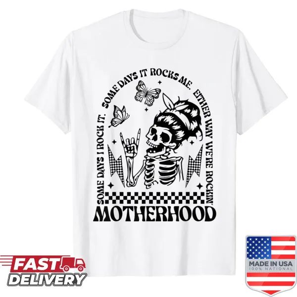 Funny motherhood t-shirt with a skull graphic and witty text