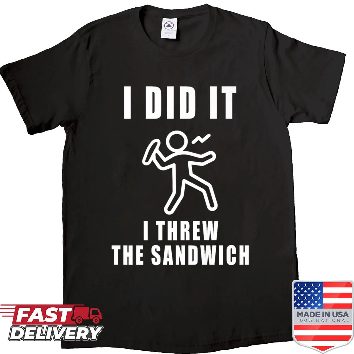 Whimsical illustration of a man throwing a sandwich on a shirt
