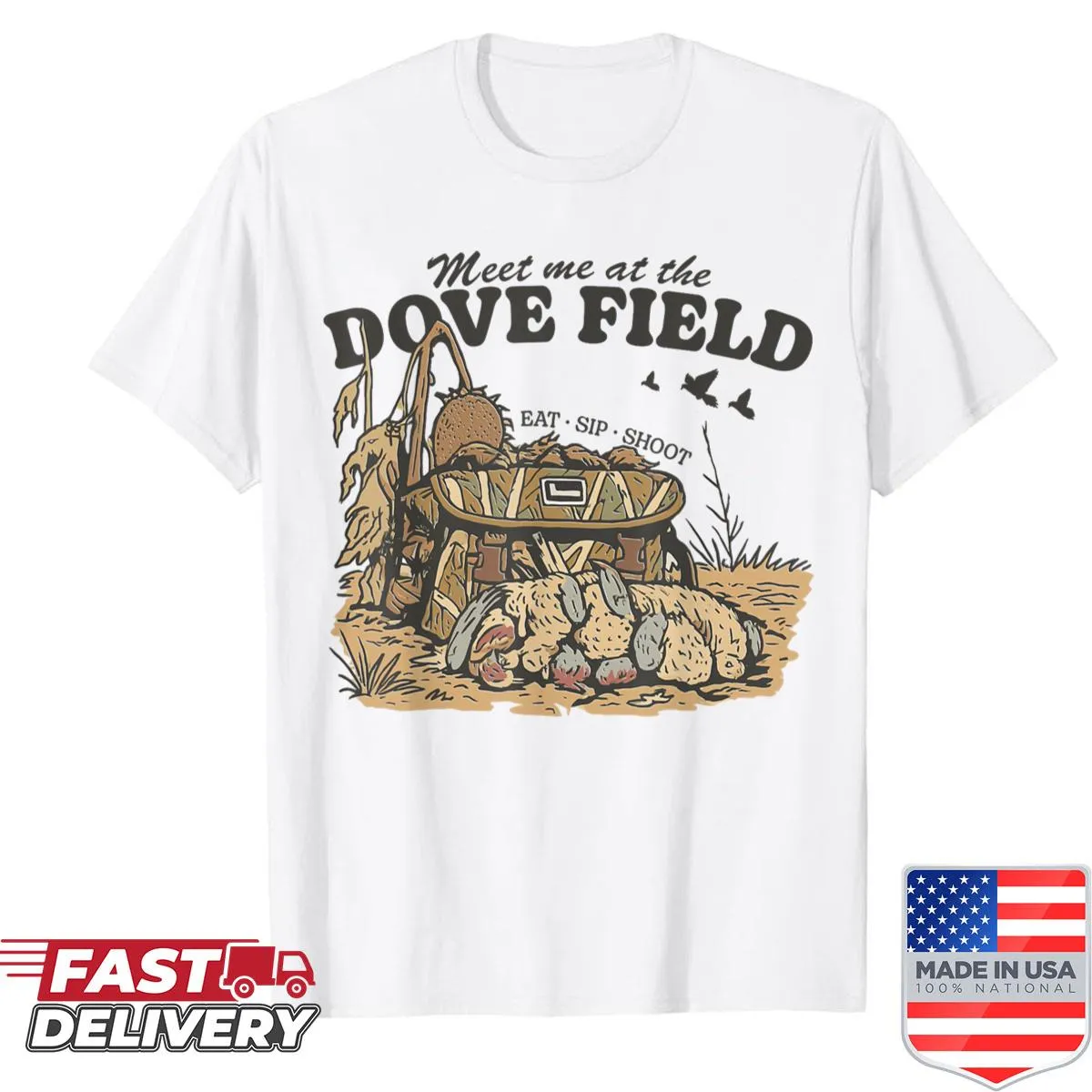 Camo dove hunting shirt with an emblematic graphic