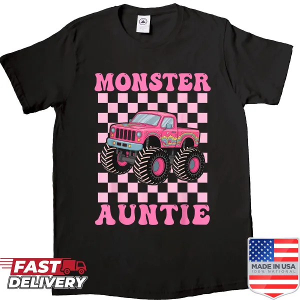 Shirt featuring a playful monster truck design for proud aunts
