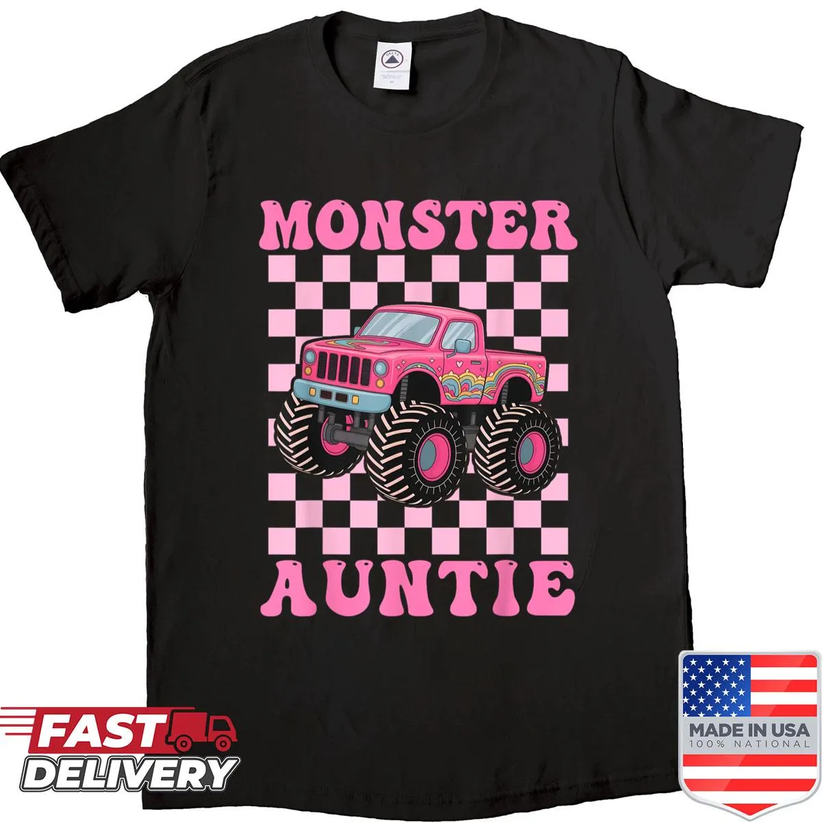 Shirt featuring a playful monster truck design for proud aunts