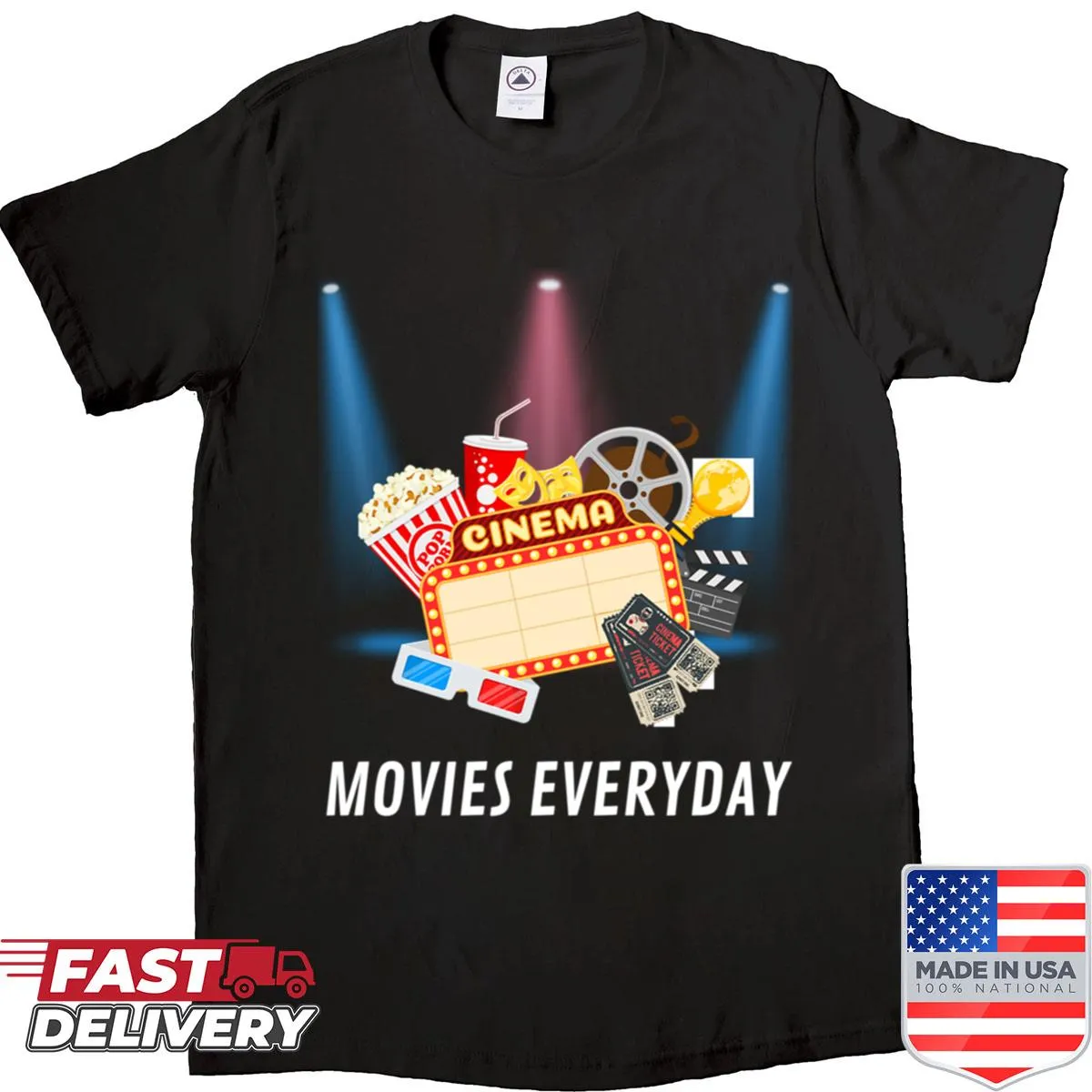 Typographic Movies T-shirt celebrating the joy of cinema