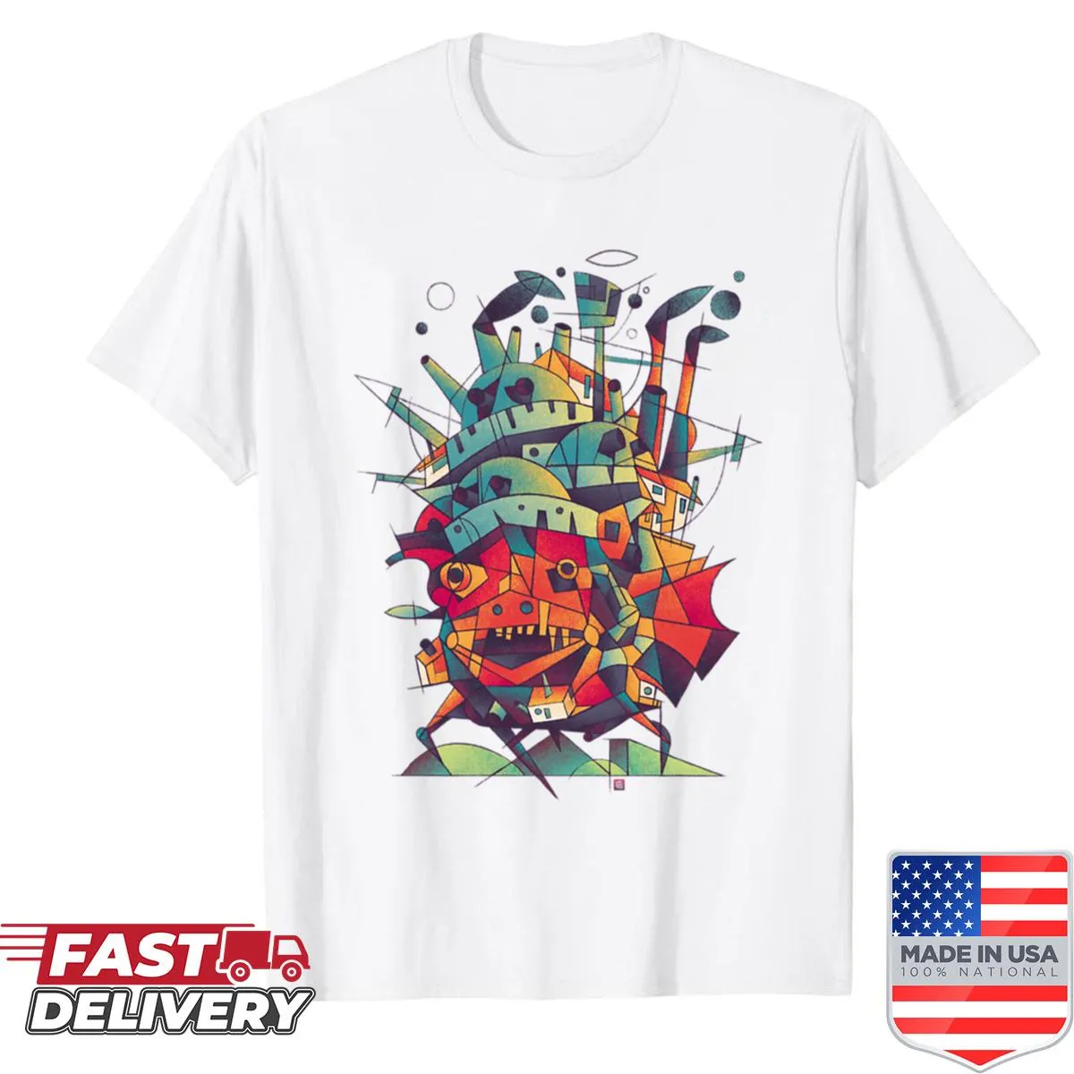 T-shirt featuring a whimsical moving castle design