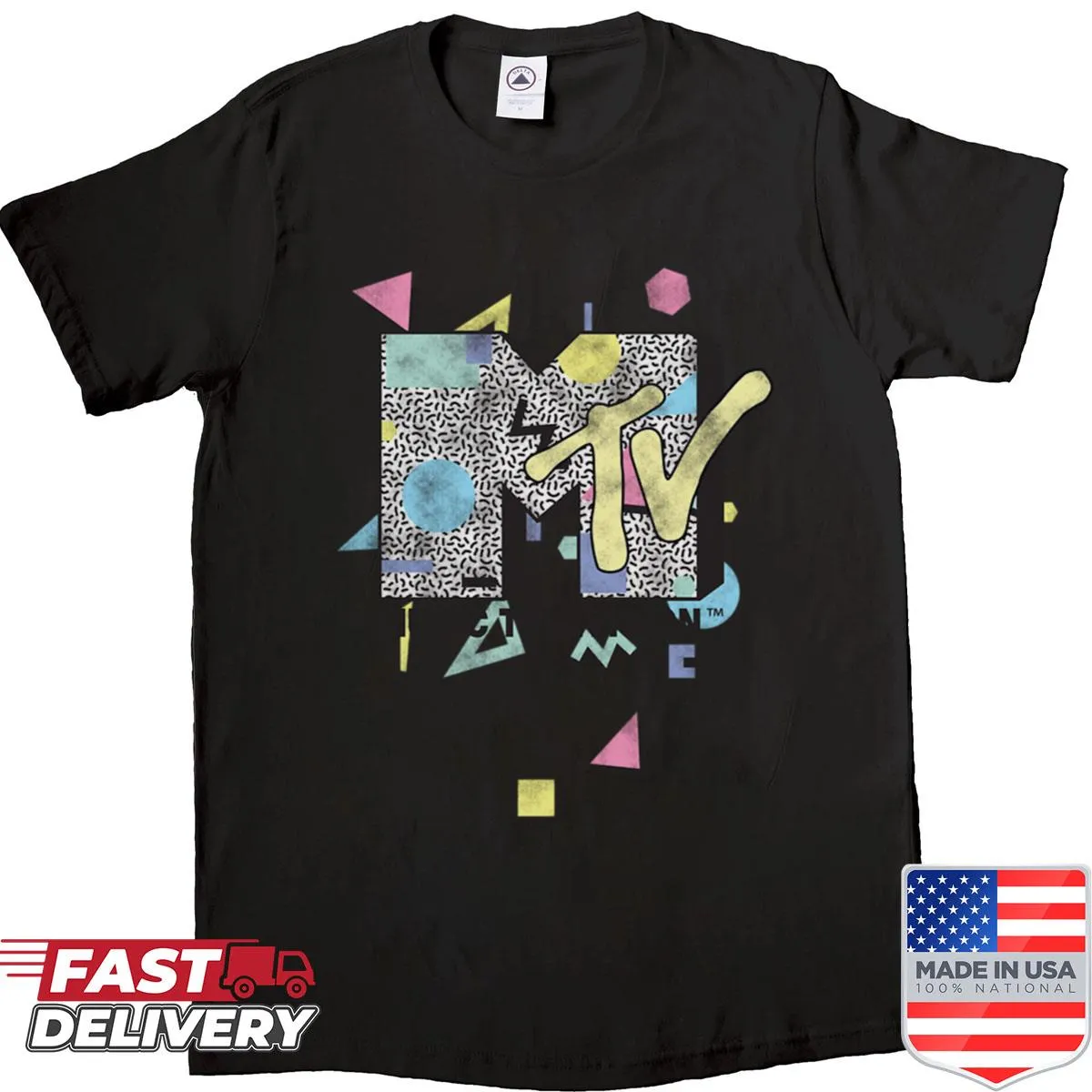 Mtv retro shapes design shirt featuring a classic logo and geometric graphics