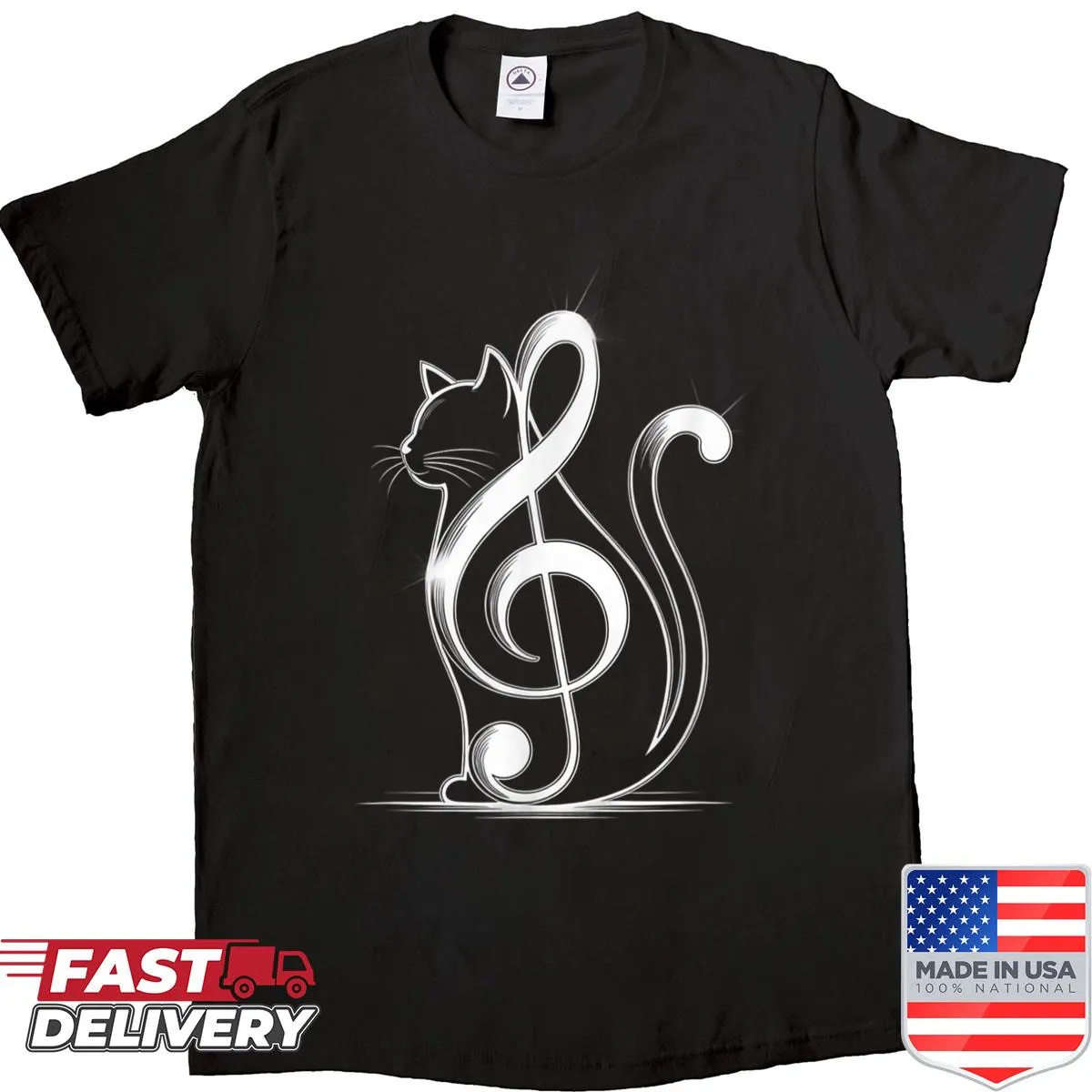 Minimalist shirt featuring a cat design with music notes for music lovers.
