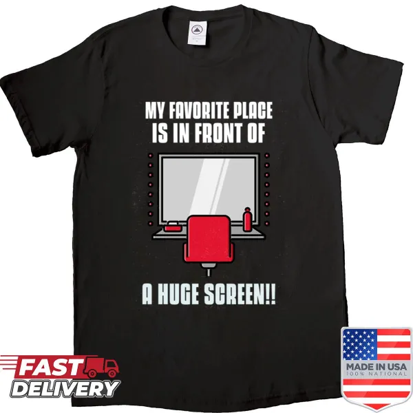 Illustration of a person in front of a huge screen on a shirt.