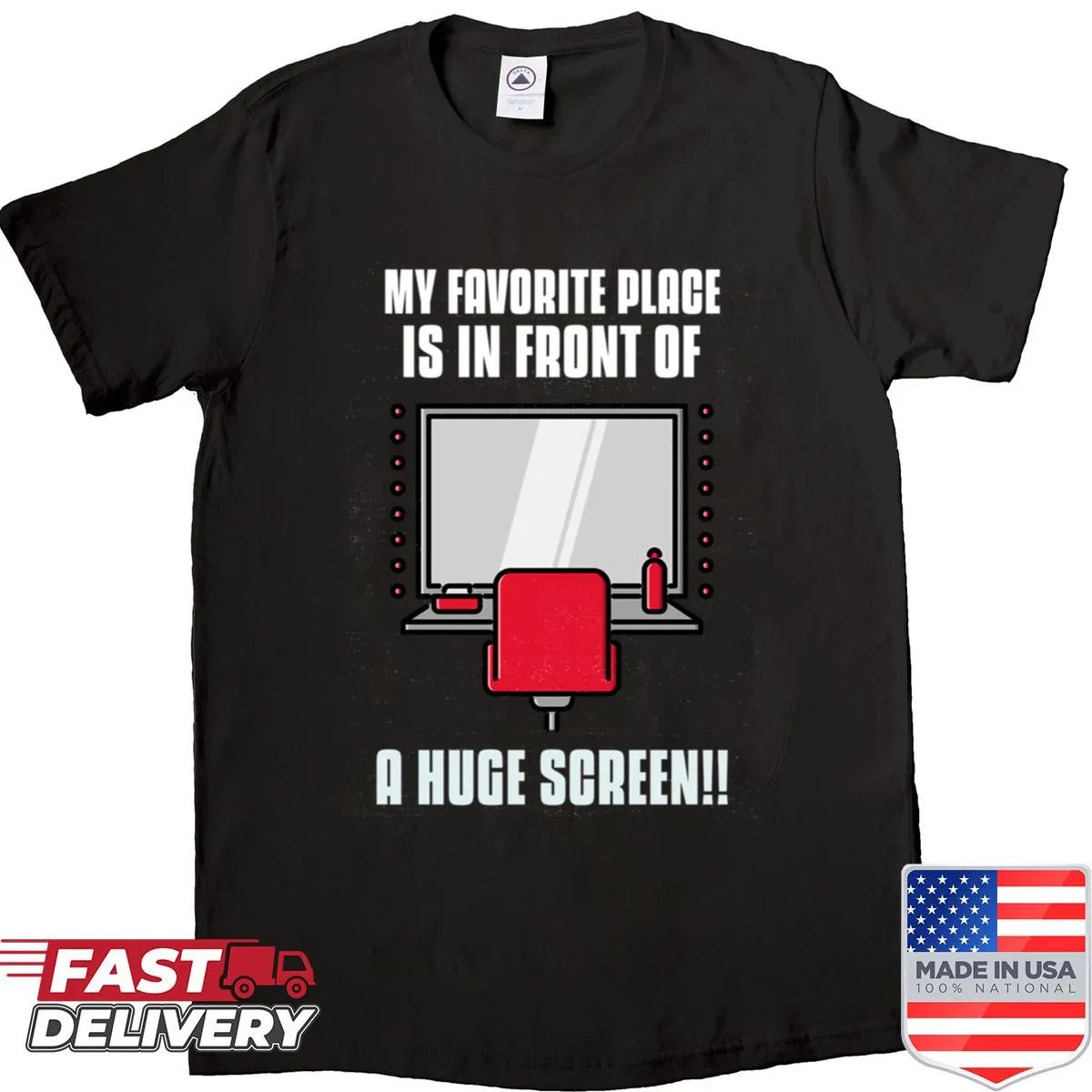 Illustration of a person in front of a huge screen on a shirt.