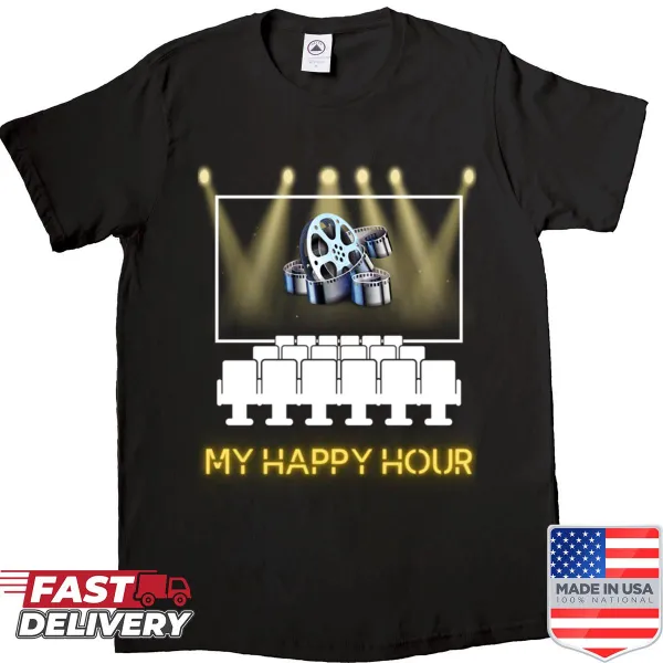 Shirt with playful typography stating 'My Happy Hour', celebrating relaxation.