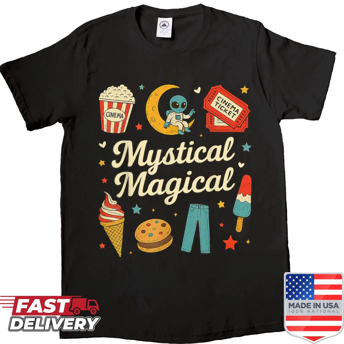 Retro space-themed shirt with mystical magical design