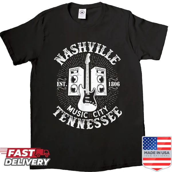 Illustrated Nashville guitar design on a shirt celebrating country music