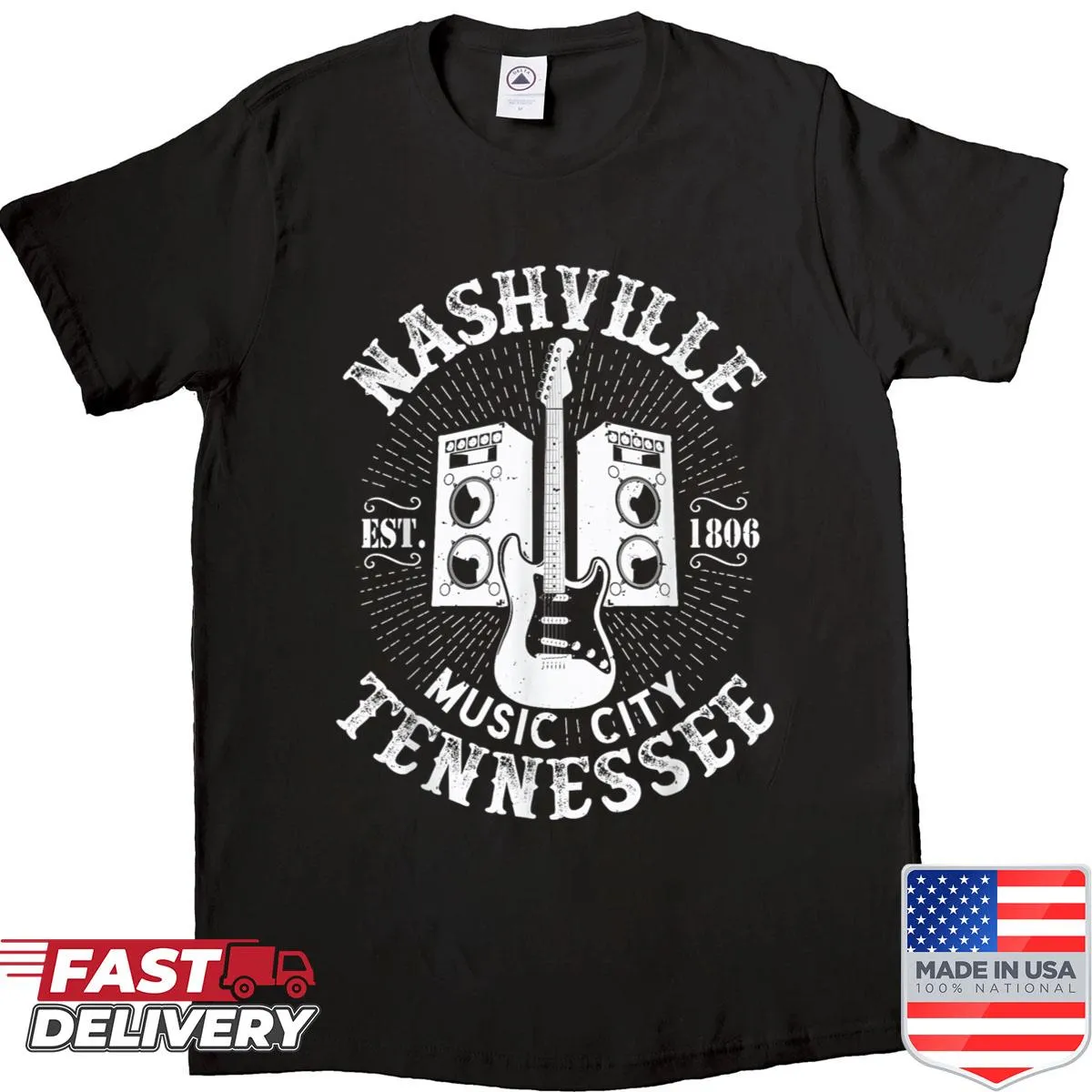 Illustrated Nashville guitar design on a shirt celebrating country music
