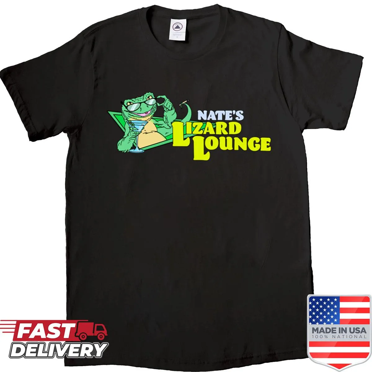 Rehearsal logo design for Nate's Lizard Lounge on T-shirt