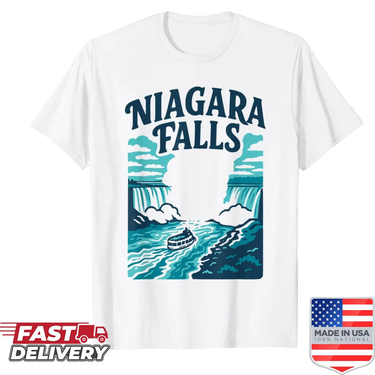 Illustrated Niagara Falls design on a souvenir T-shirt