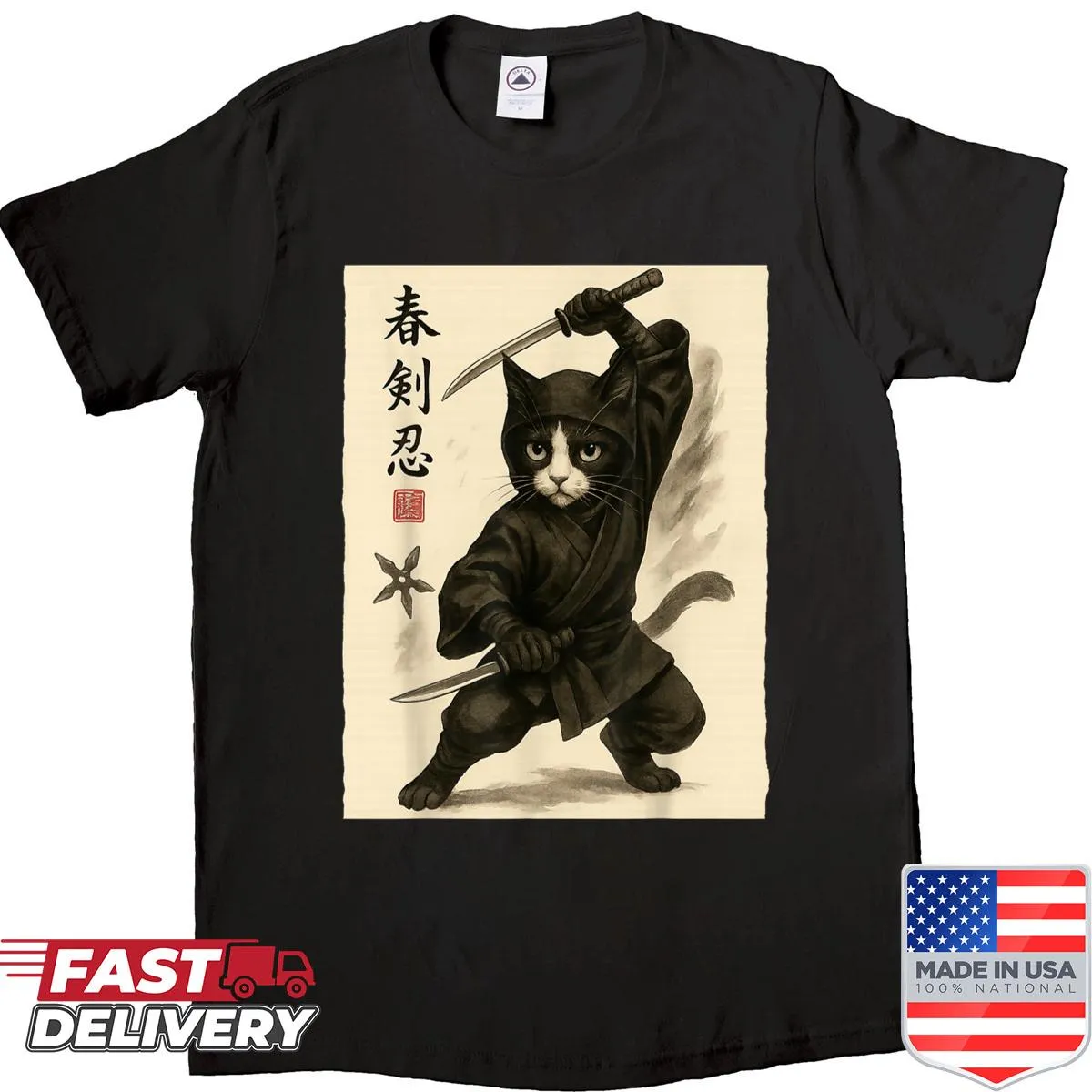 Vintage Ukiyo-e style shirt featuring a cat as a ninja warrior.