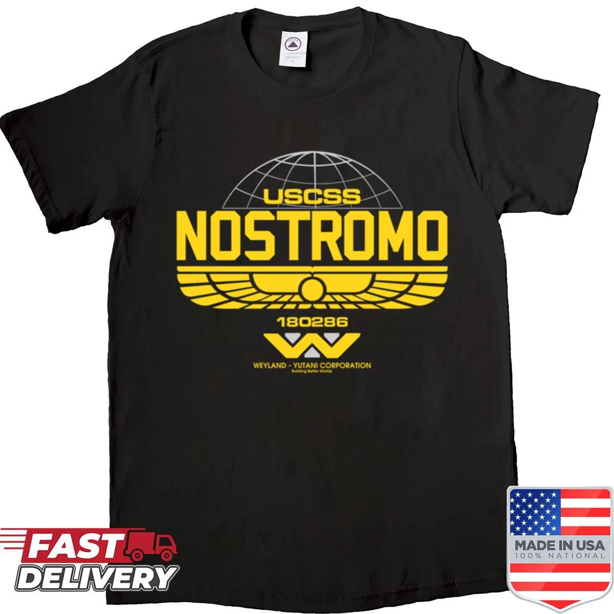 Minimalist shirt with Nostromoweyland logo in block color design
